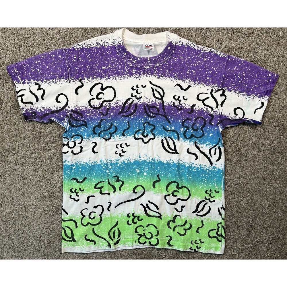 ANVIL All Over Floral Print Single Stitch T Shirt 90s Bright Colors XL Rare